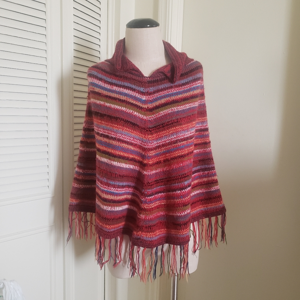 Red Multicolor Knit Poncho